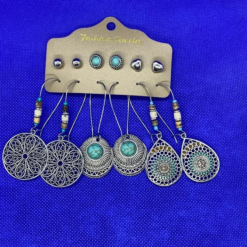 New‎ silver tone boho western faux turquoise earrings 6 pack bohemian
